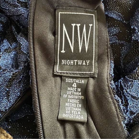 Nightway Celestial Navy Lace Overlay Fit Flare Dress 4 Sleeveless Party Cocktail - Picture 8 of 8